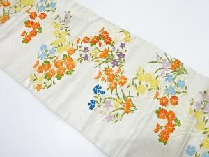 流水に菊・菖蒲・秋草模様織り出し　名古屋帯